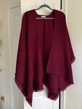 Reiss Burgundy Poncho Cape Frayed Edge Fringe Soft Wrap One Size